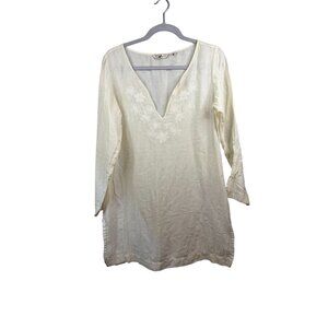 Tommy Bahama Womens Cream Tunic With Embroidered V-Neck Cotton Silk Blend M